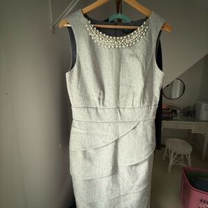 Connected Apparel Gray Midi Dress with Pearl Accent
